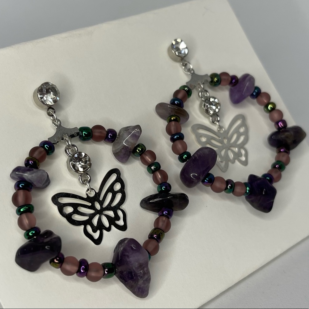 Handmade Amethyst & Purple Beaded Earrings with Butterflies